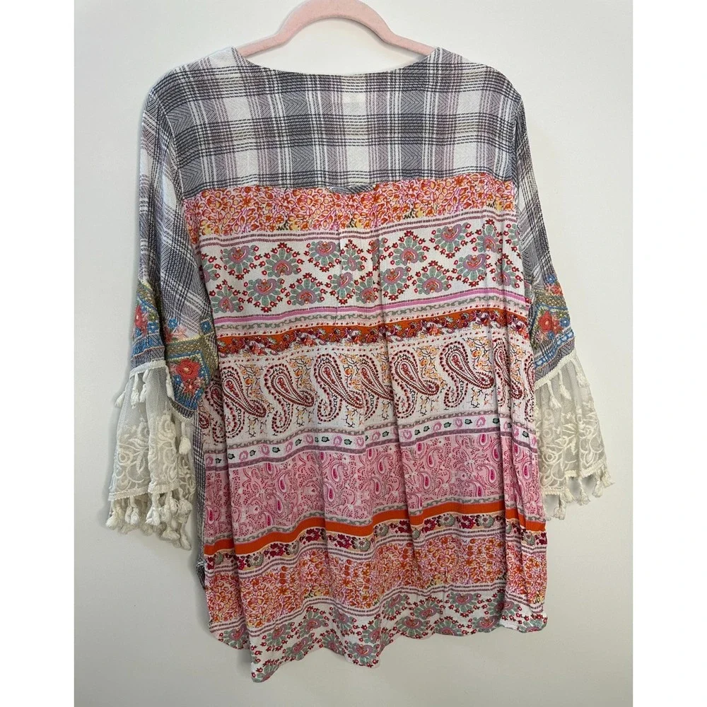 John Mark Boho Embroidered Plaid Tunic Top Lace Tassel Sleeve Blouse Womens XL - Picture 9 of 14